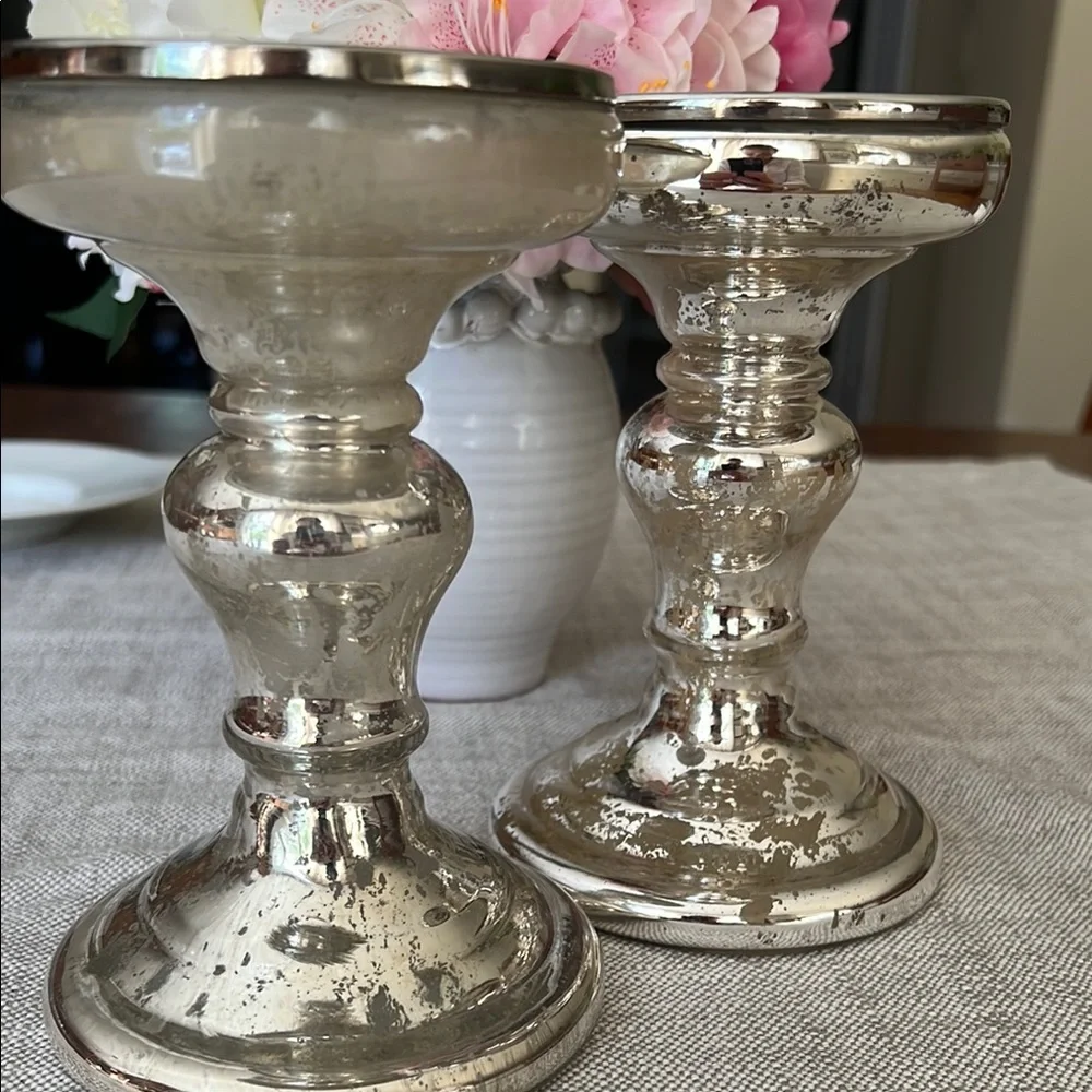 Crate&Barrel Distressed Silver Candle Holders